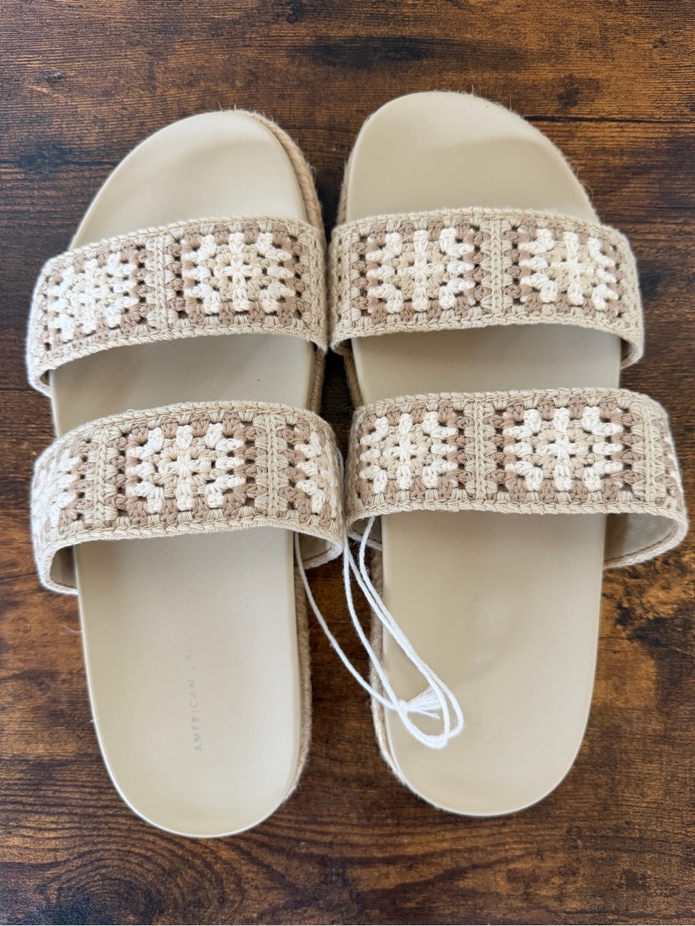 American Eagle Outfitters Crochet Double‑Strap Slide Sandals in Cream and Tan